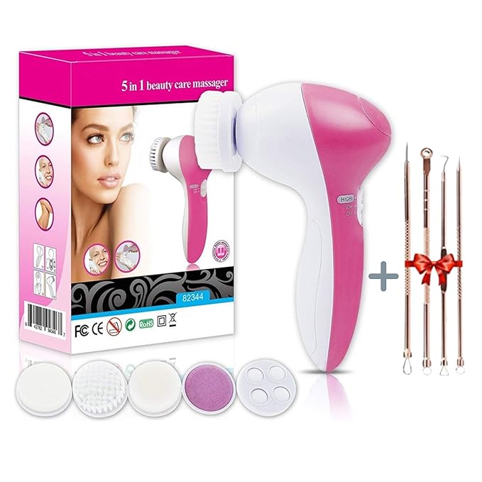 5-in-1 Electric Facial Cleansing Brush – Portable Spin Massager with 5 Brush Heads