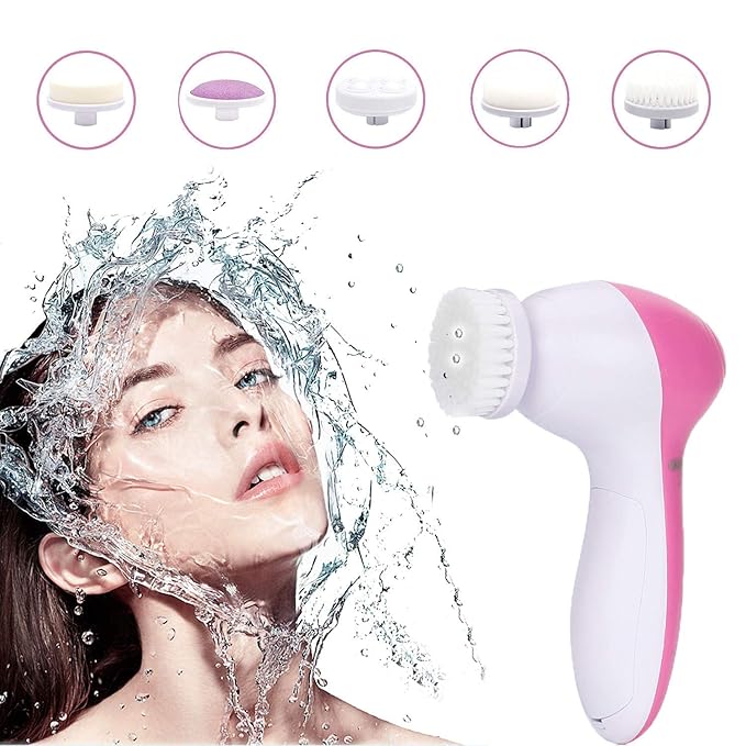 5-in-1 Electric Facial Cleansing Brush – Portable Spin Massager with 5 Brush Heads