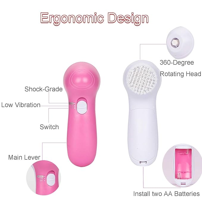 5-in-1 Electric Facial Cleansing Brush – Portable Spin Massager with 5 Brush Heads