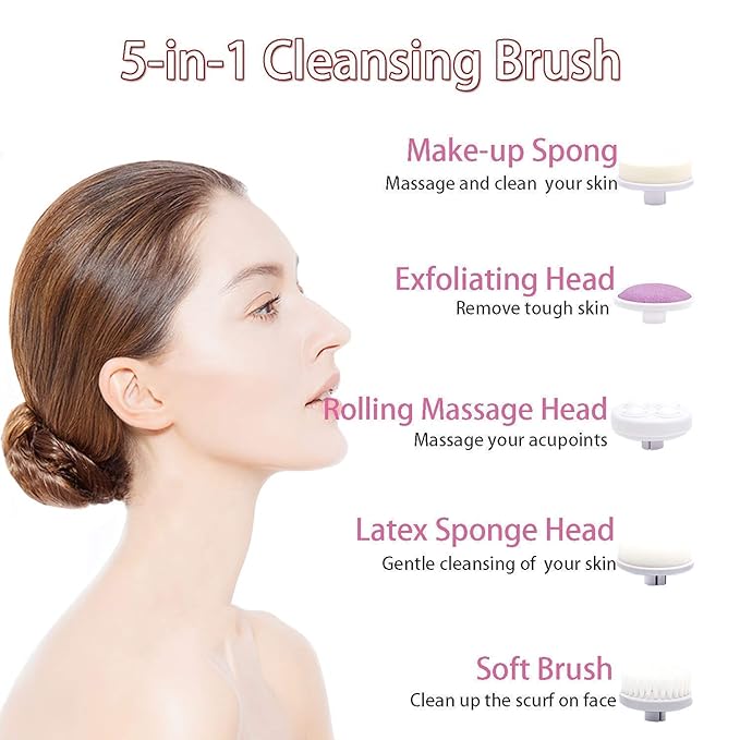 5-in-1 Electric Facial Cleansing Brush – Portable Spin Massager with 5 Brush Heads