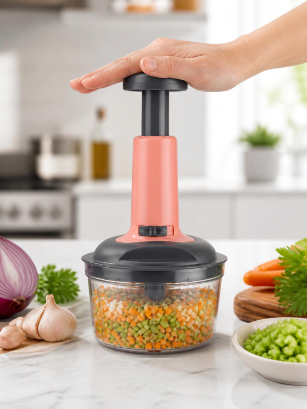 650ml Push Vegetable Chopper with 3-Tier Stainless Steel Blades
