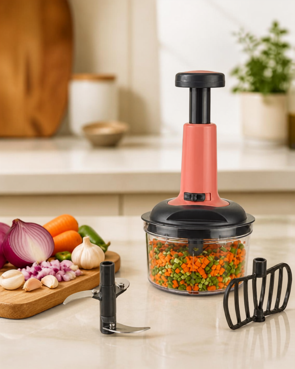650ml Push Vegetable Chopper with 3-Tier Stainless Steel Blades