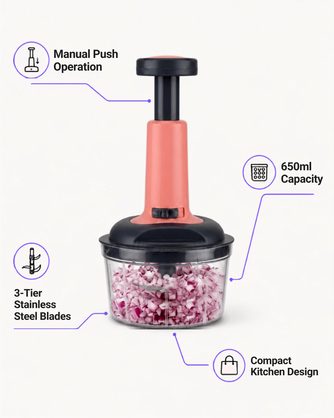 650ml Push Vegetable Chopper with 3-Tier Stainless Steel Blades