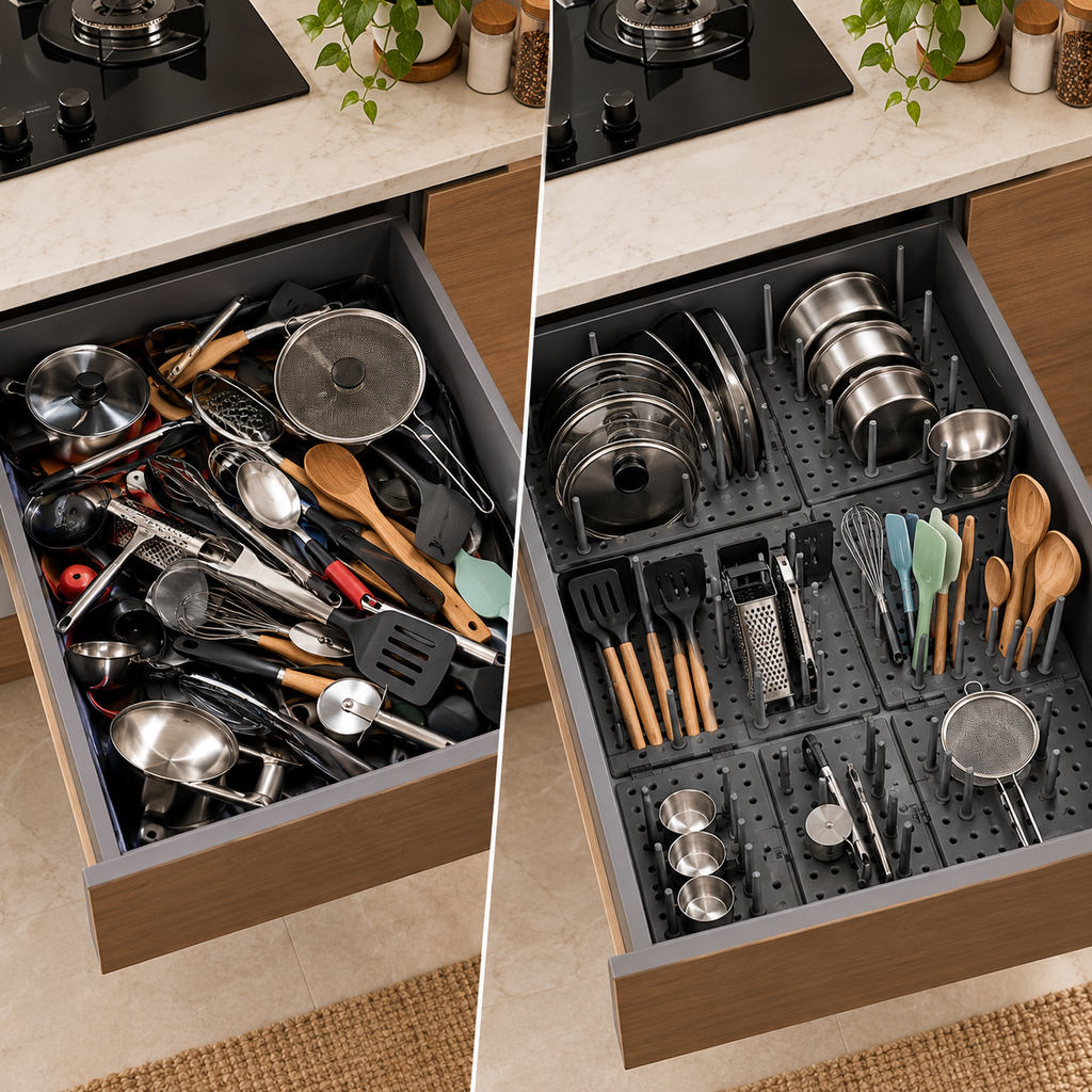 Adjustable Kitchen Drawer Organizer – Pegboard Storage Tray for Utensils & Essentials