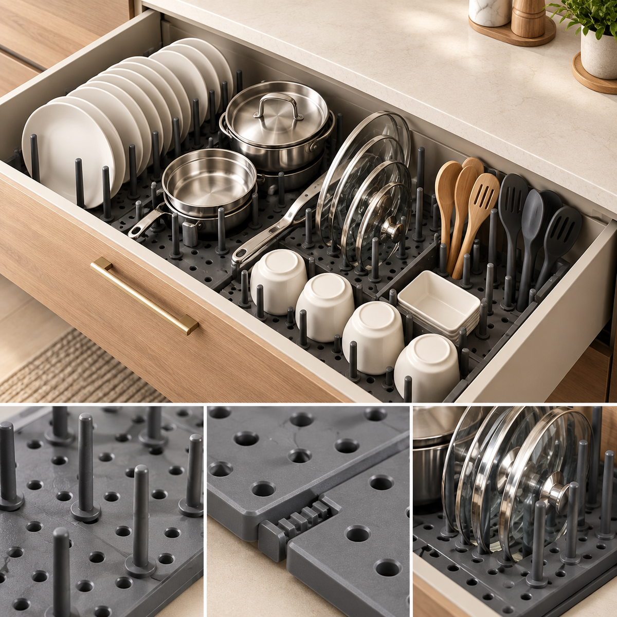 Adjustable Kitchen Drawer Organizer – Pegboard Storage Tray for Utensils & Essentials