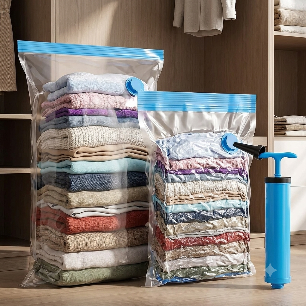 5-Piece Vacuum Storage Bags with Hand Pump – Space Saver Clothes Organizer