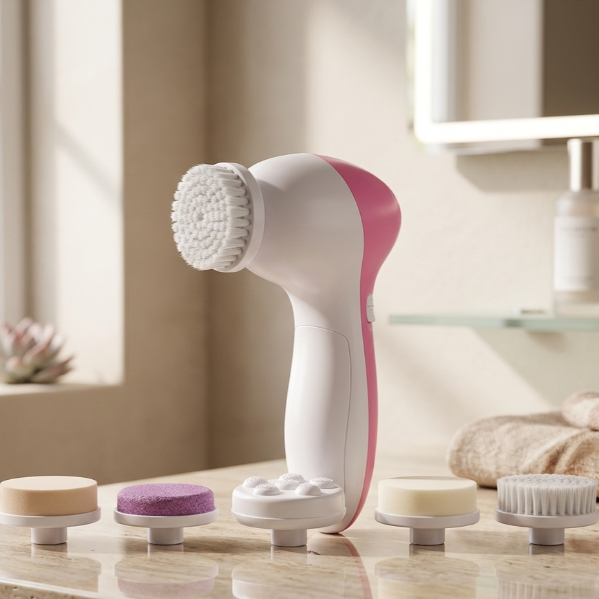 5-in-1 Electric Facial Cleansing Brush – Portable Spin Massager with 5 Brush Heads