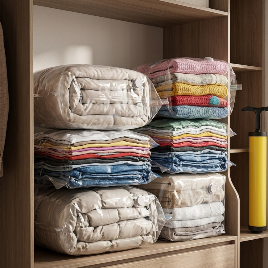 5-Piece Vacuum Storage Bags with Hand Pump – Space Saver Clothes Organizer