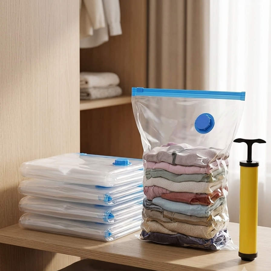 5-Piece Vacuum Storage Bags with Hand Pump – Space Saver Clothes Organizer