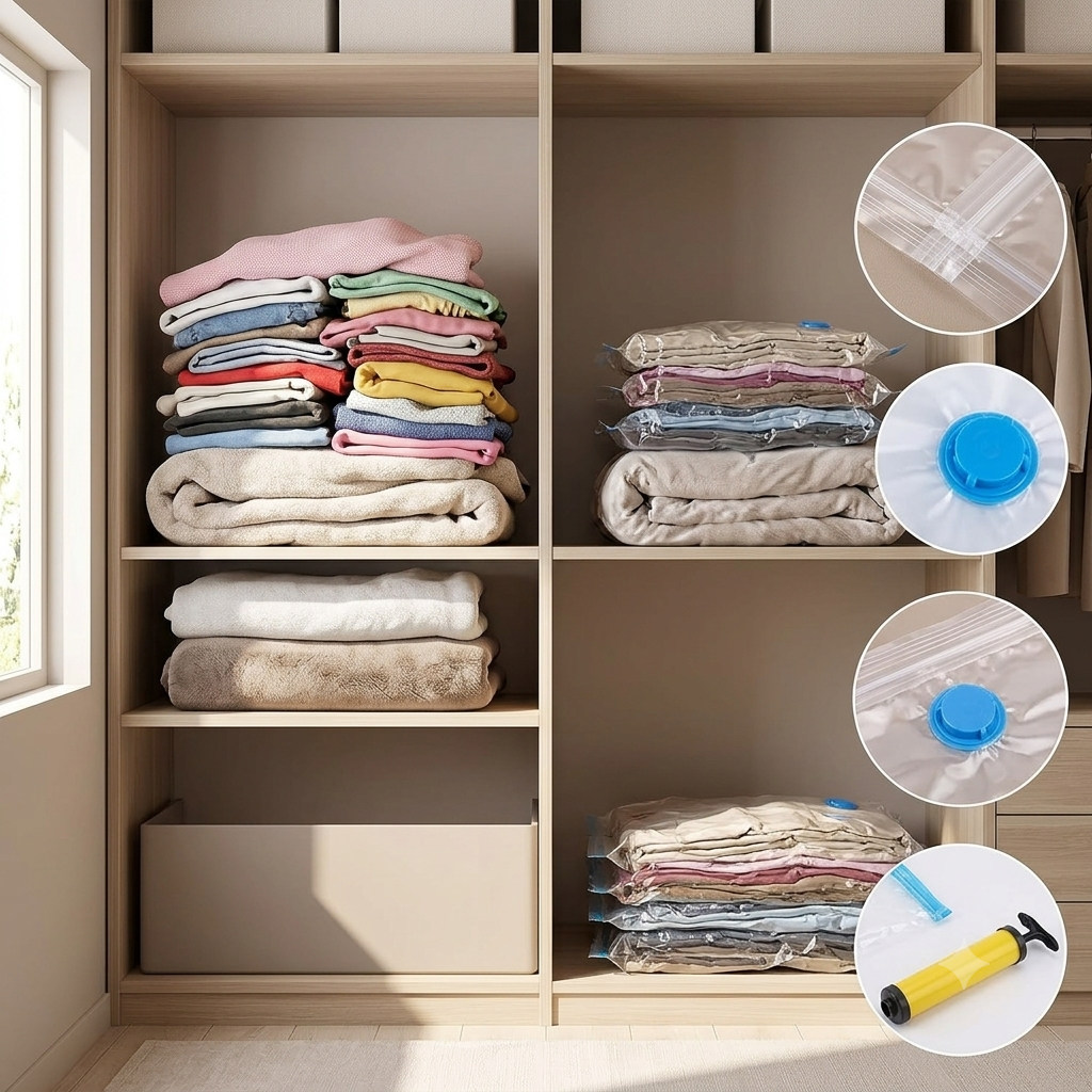 5-Piece Vacuum Storage Bags with Hand Pump – Space Saver Clothes Organizer