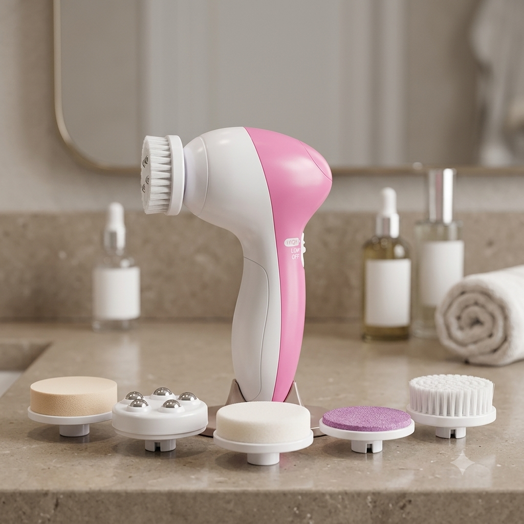 5-in-1 Electric Facial Cleansing Brush – Portable Spin Massager with 5 Brush Heads