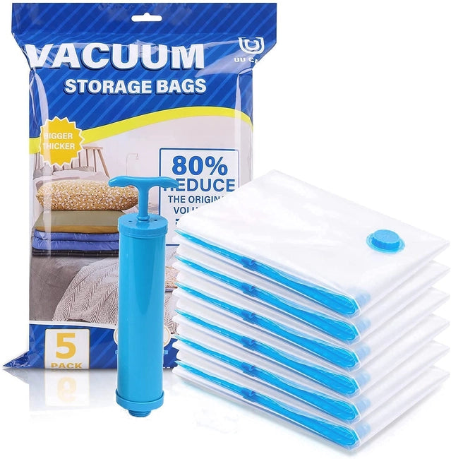 5-Piece Vacuum Storage Bags with Hand Pump – Space Saver Clothes Organizer
