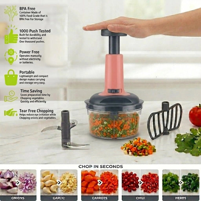 650ml Push Vegetable Chopper with 3-Tier Stainless Steel Blades